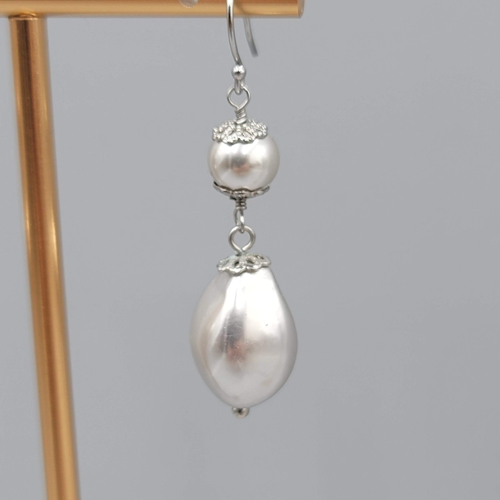 Satin Silver tone Filigree Cap Bead Pierced Earrings Dangle 1.5 in