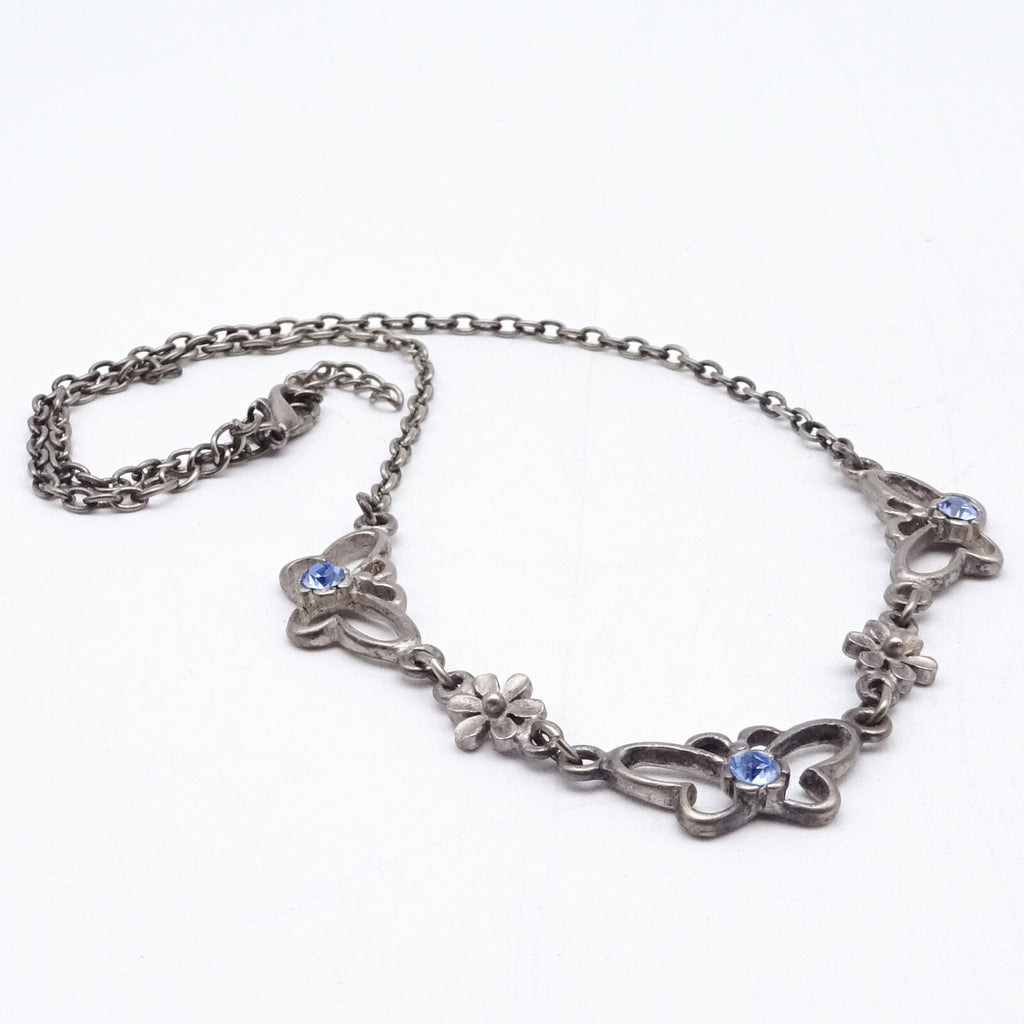 Silver tone Chain Butterfly Necklace Blue Rhinestone Accents Collar  14" - 16"