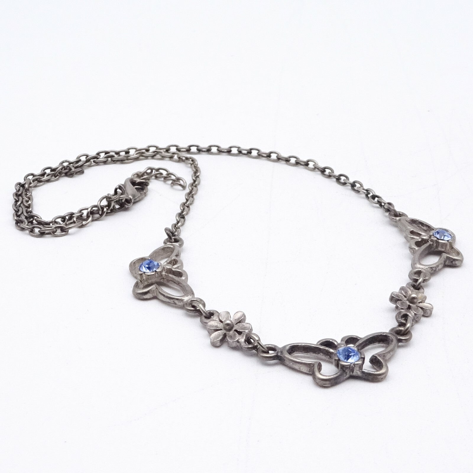 Silver tone Chain Butterfly Necklace Blue Rhinestone Accents Collar  14" - 16"
