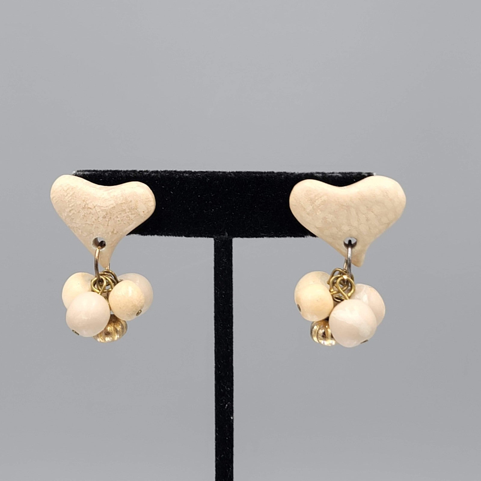 Vintage Heart Bead Pierced Earrings White Stone Dangle 1.5 in