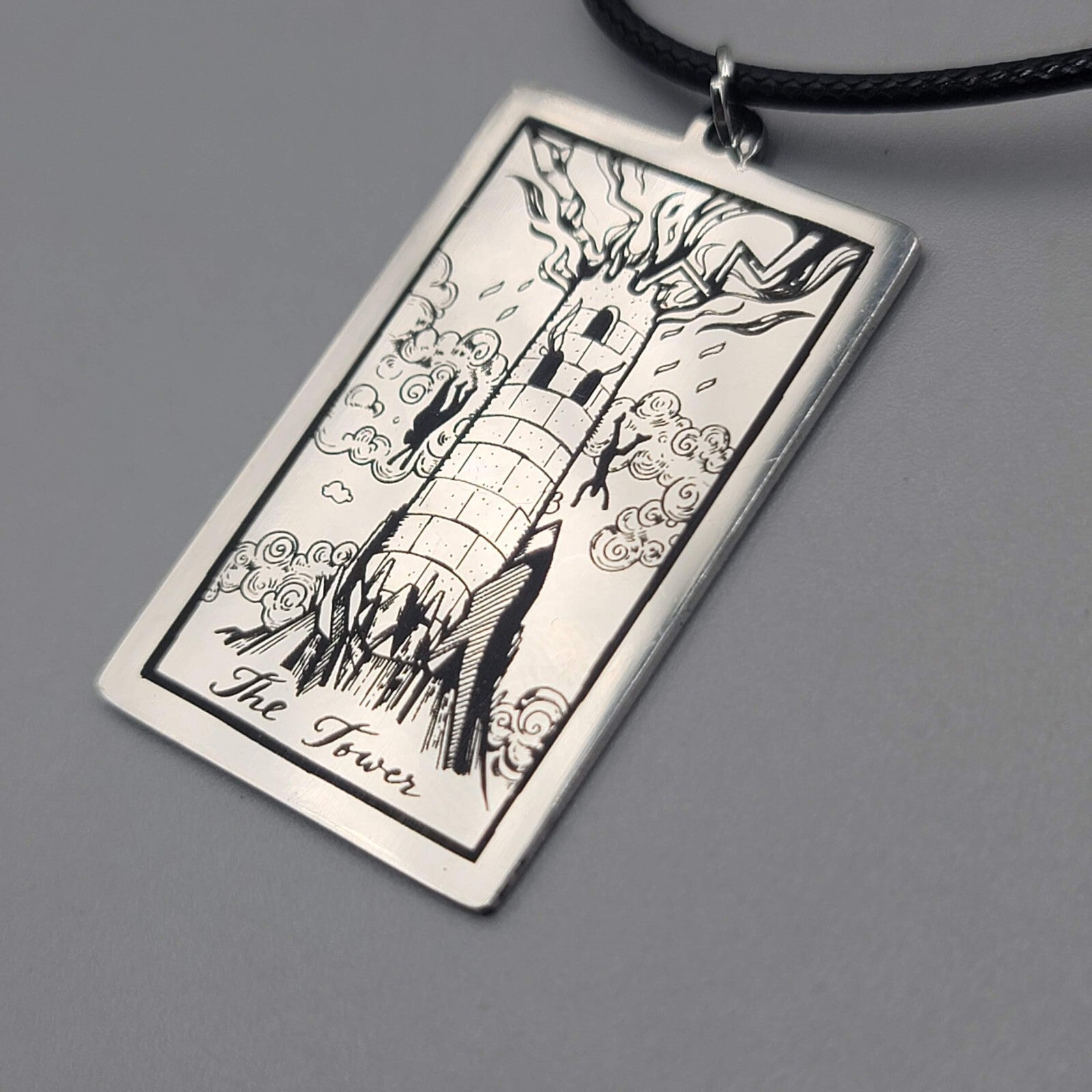 The TOWER Tarot Card Pendant Necklace Major Arcana Silver tone Black Cord 18" 