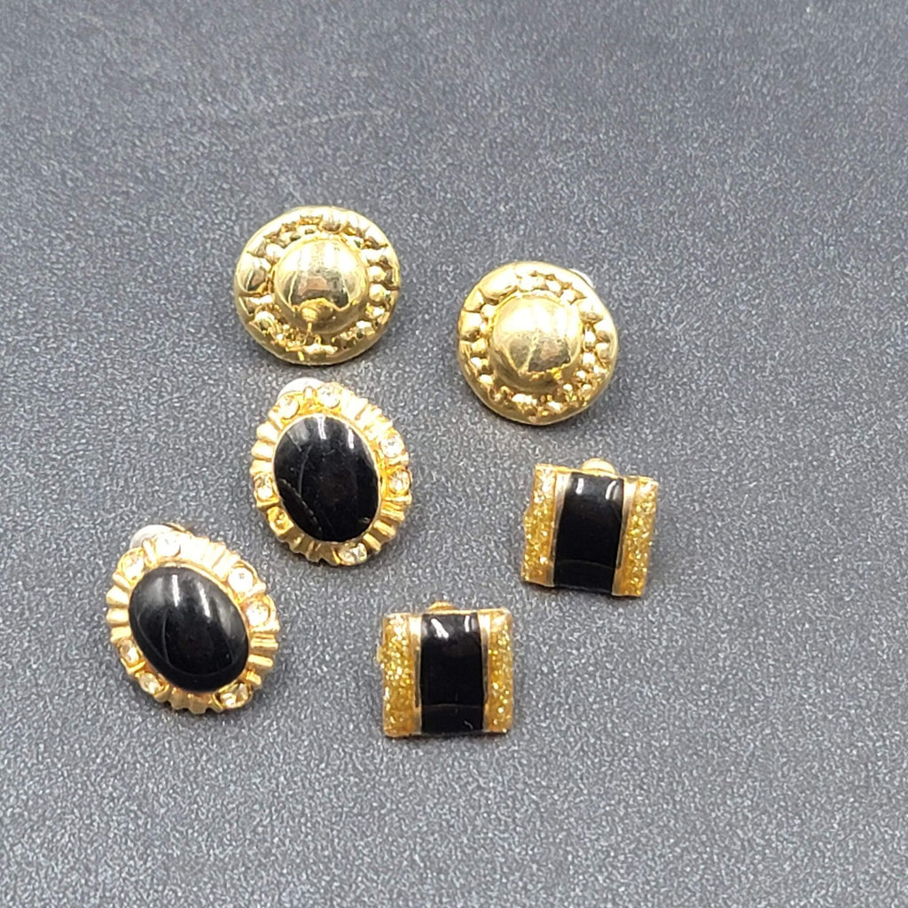 Lot of 3 Pierced Earrings Gold Plated Black Enamel Studs 1/2"