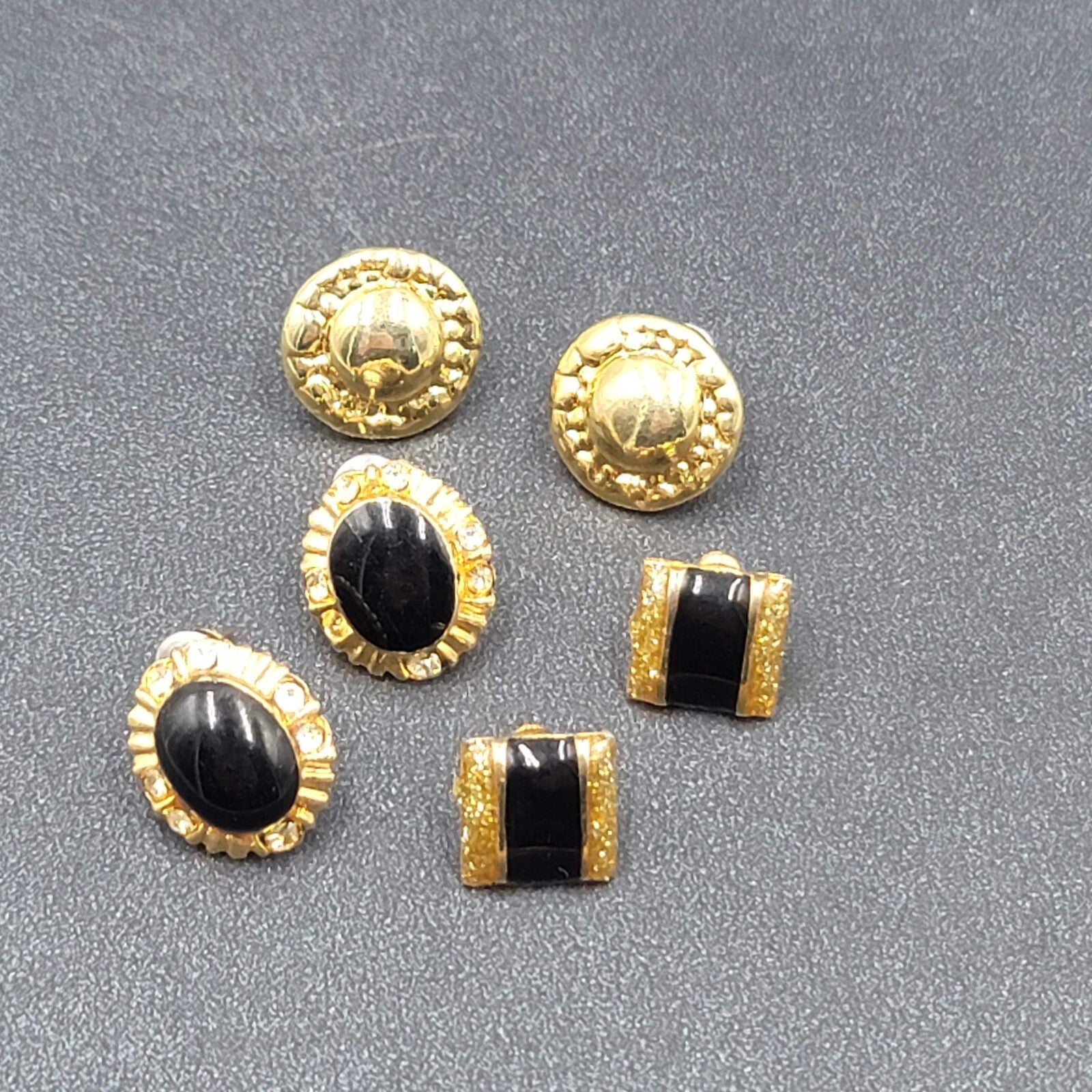 Lot of 3 Pierced Earrings Gold Plated Black Enamel Studs 1/2"
