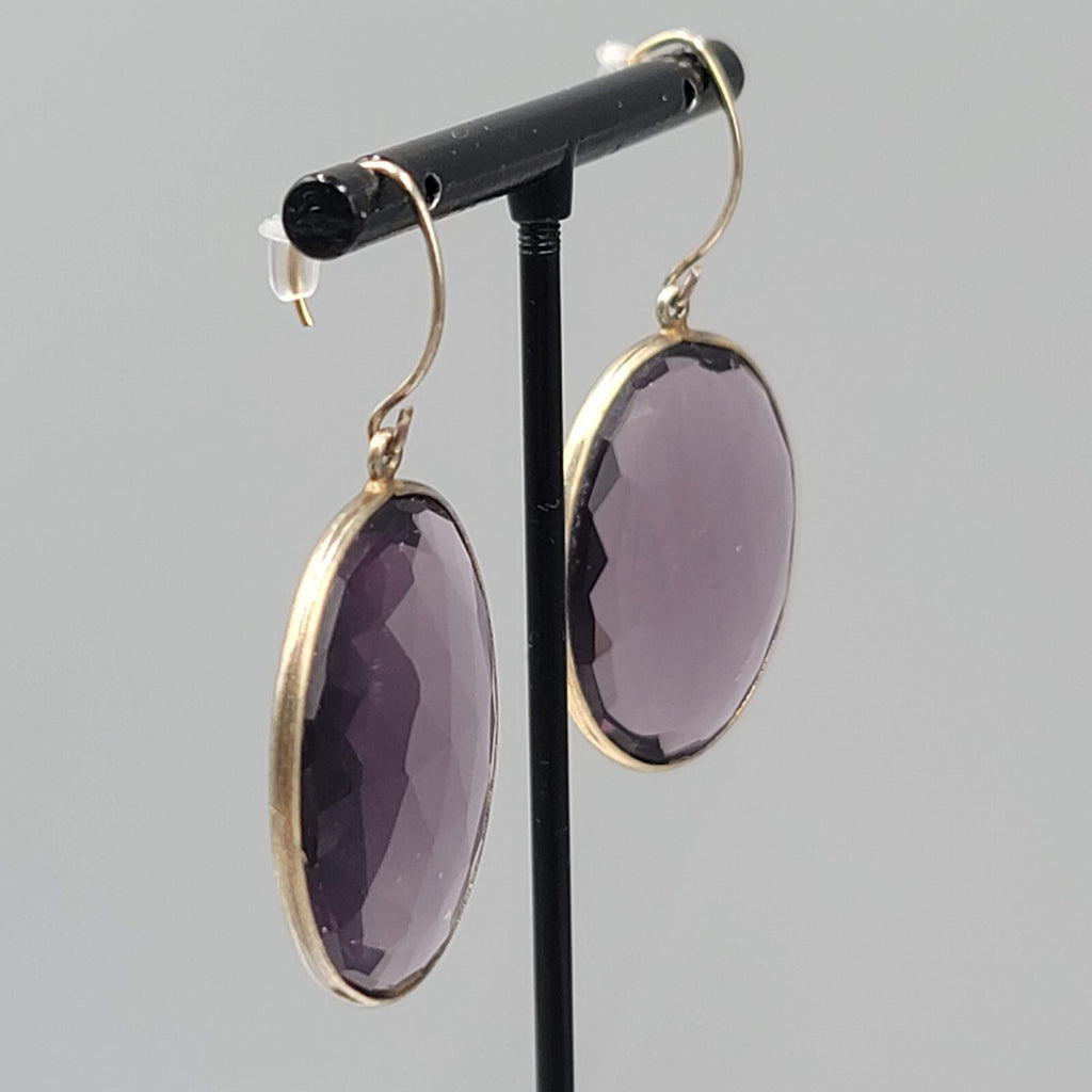 Pierced Earrings Gold tone Large Purple Faceted Glass Oval Dangle 1 3/8"