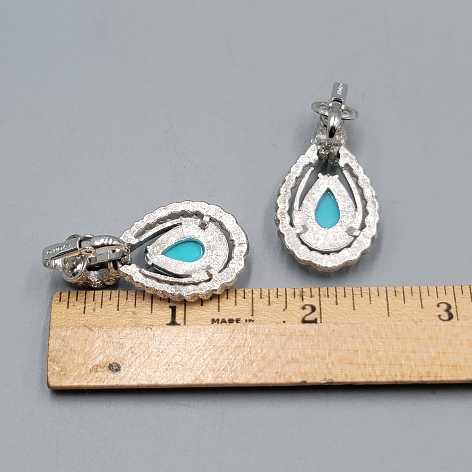 Vintage Avon Clip on Earrings Textured Silver tone Blue Teardrop Dangle 1.5 in