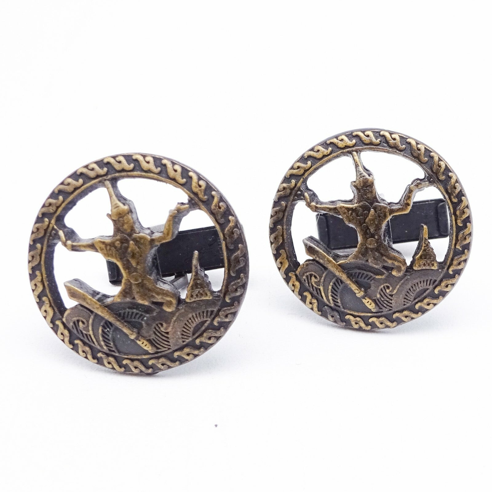 Vintage Cufflinks and Tie Clasp Set Bronze tone Siam Dancers Mens Estate Jewelry