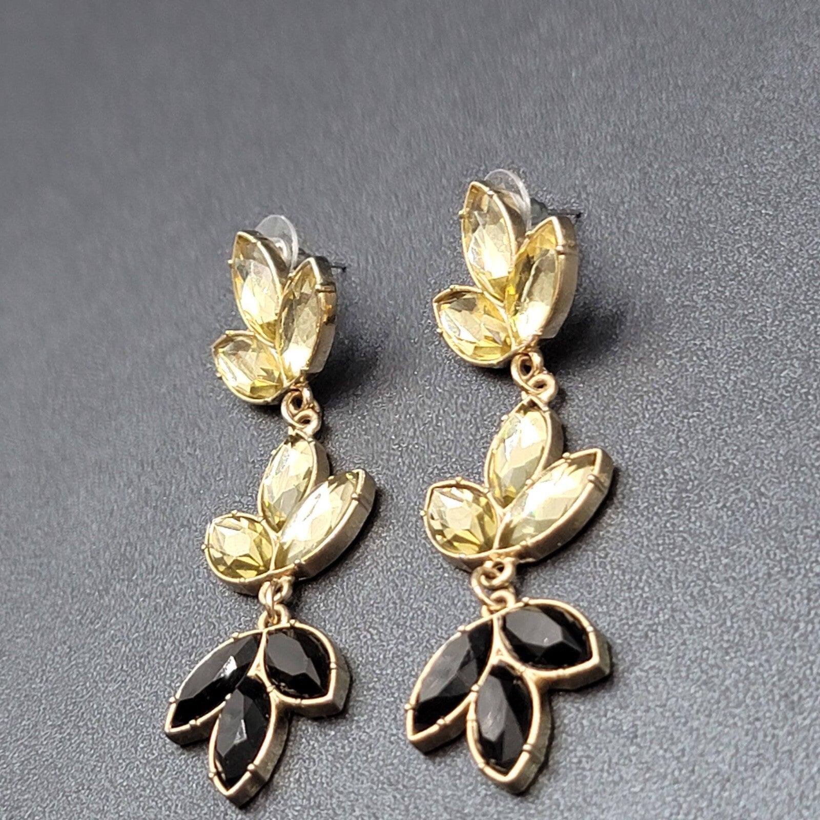Pierced Earrings Gold tone Statement Rhinestone Long Dangle 3.25"