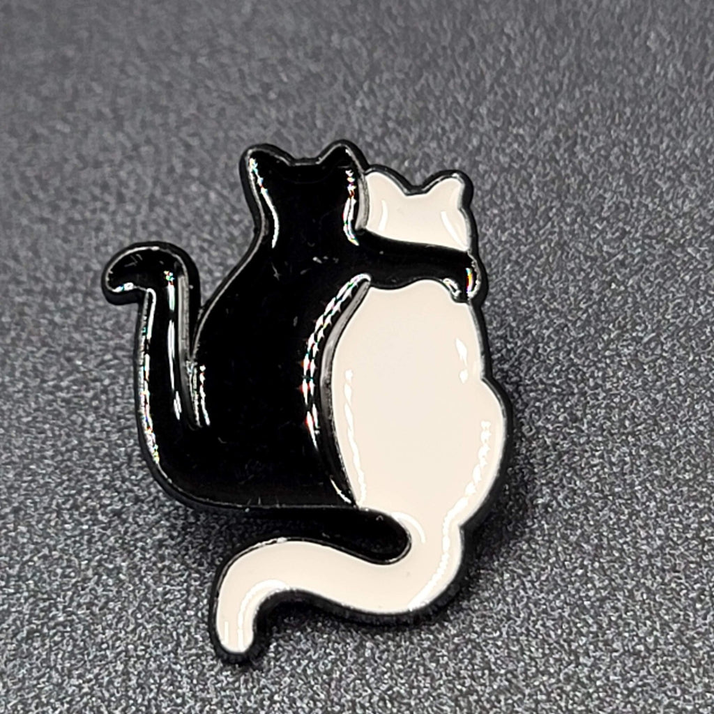 Black Cat White Cat Enamel Lapel Hat Pin Friends Lovers Hug  1 1/8"