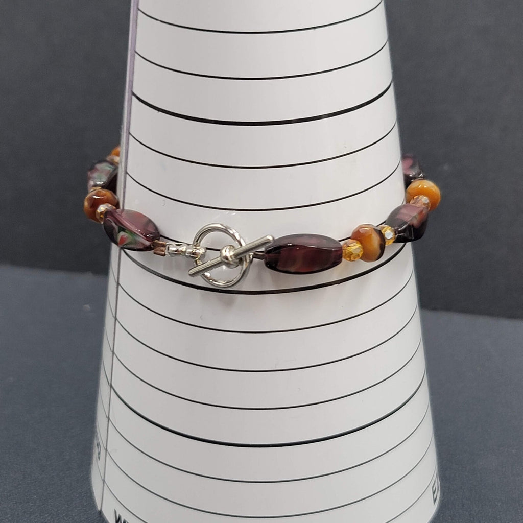 Art glass Bead Bracelet Silver tone Purple Brown Toggle 7"