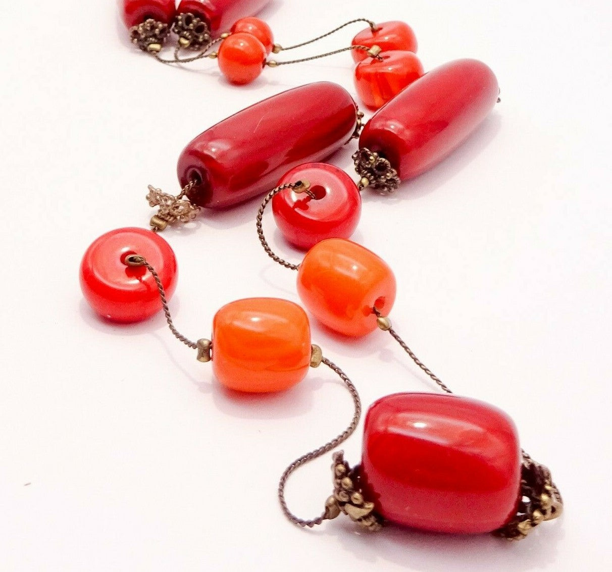 Extra Long Station Necklace Large Bead Single Strand Red Orange Acrylic 60"