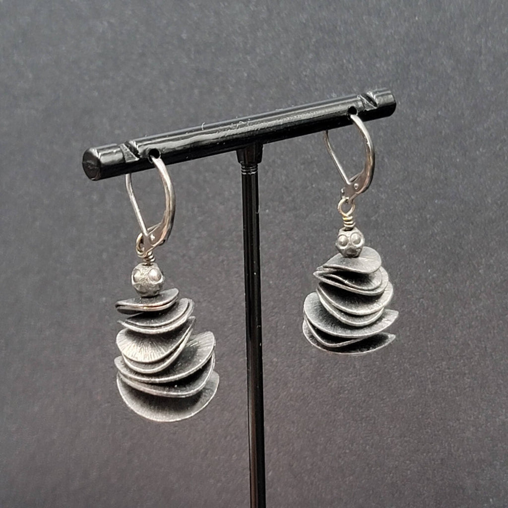 Pierced Earrings Black Metal Layered Wavy Discs Dangle 1 1/8"