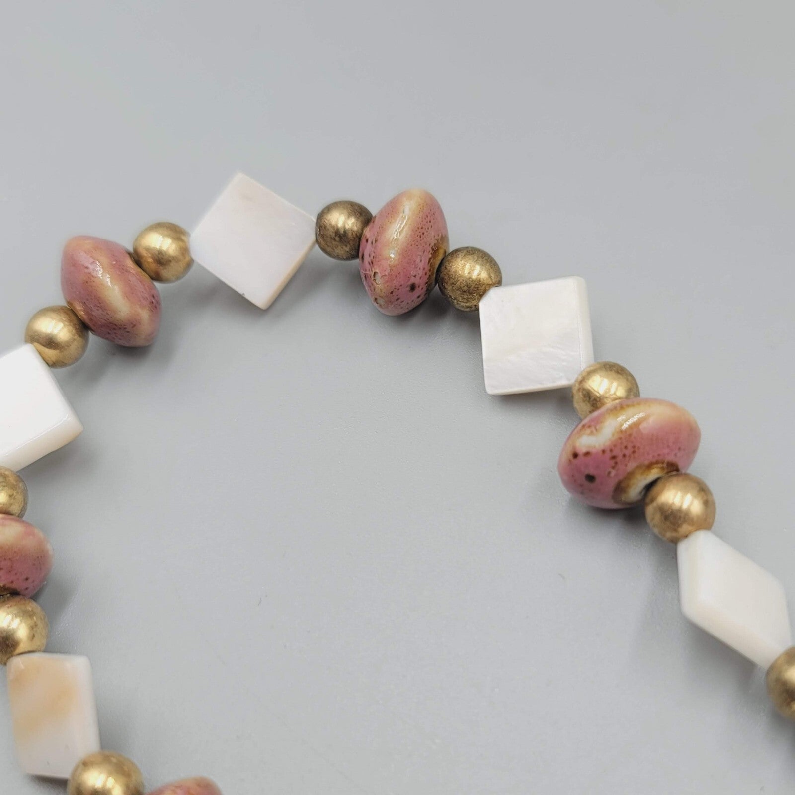 Vintage Mother of Pearl and Clay Beads Necklace 20" Estate Costume Jewelry 