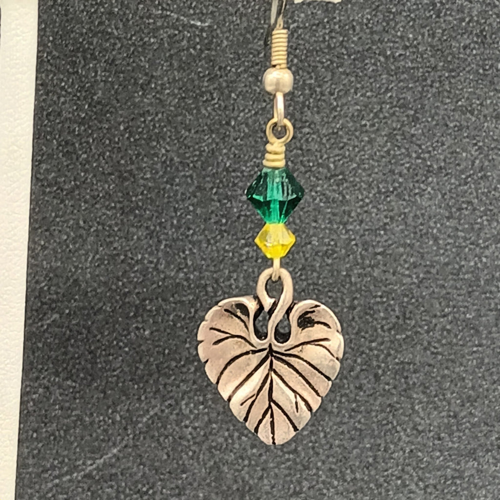 Pierced Earrings Silver tone Leaf Green Yellow Bead Dangle 1.25"