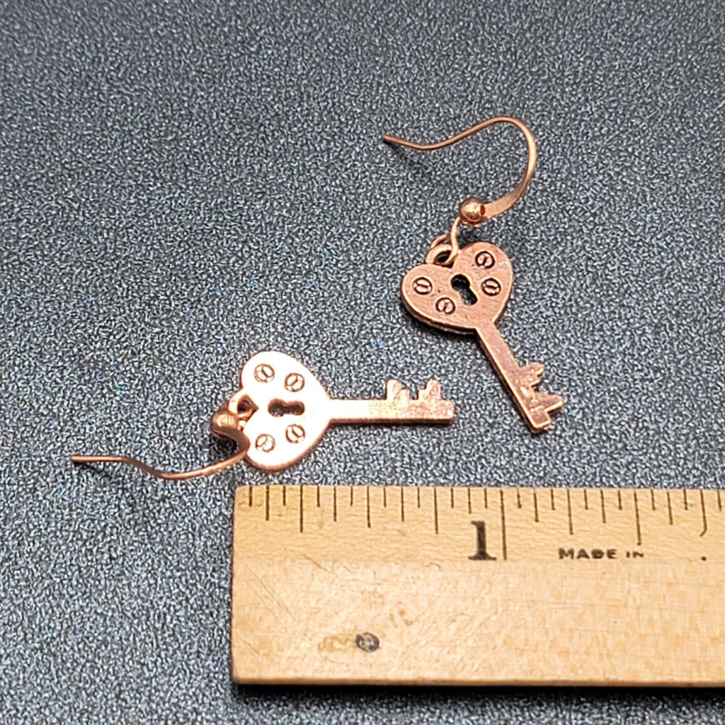 Heart Skeleton Key Pierced Earrings Bright Copper tone Dangle 7/8"