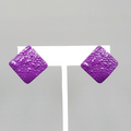 Vintage Purple Enamel Pierced Earrings Textured Metal Square Drop 1"