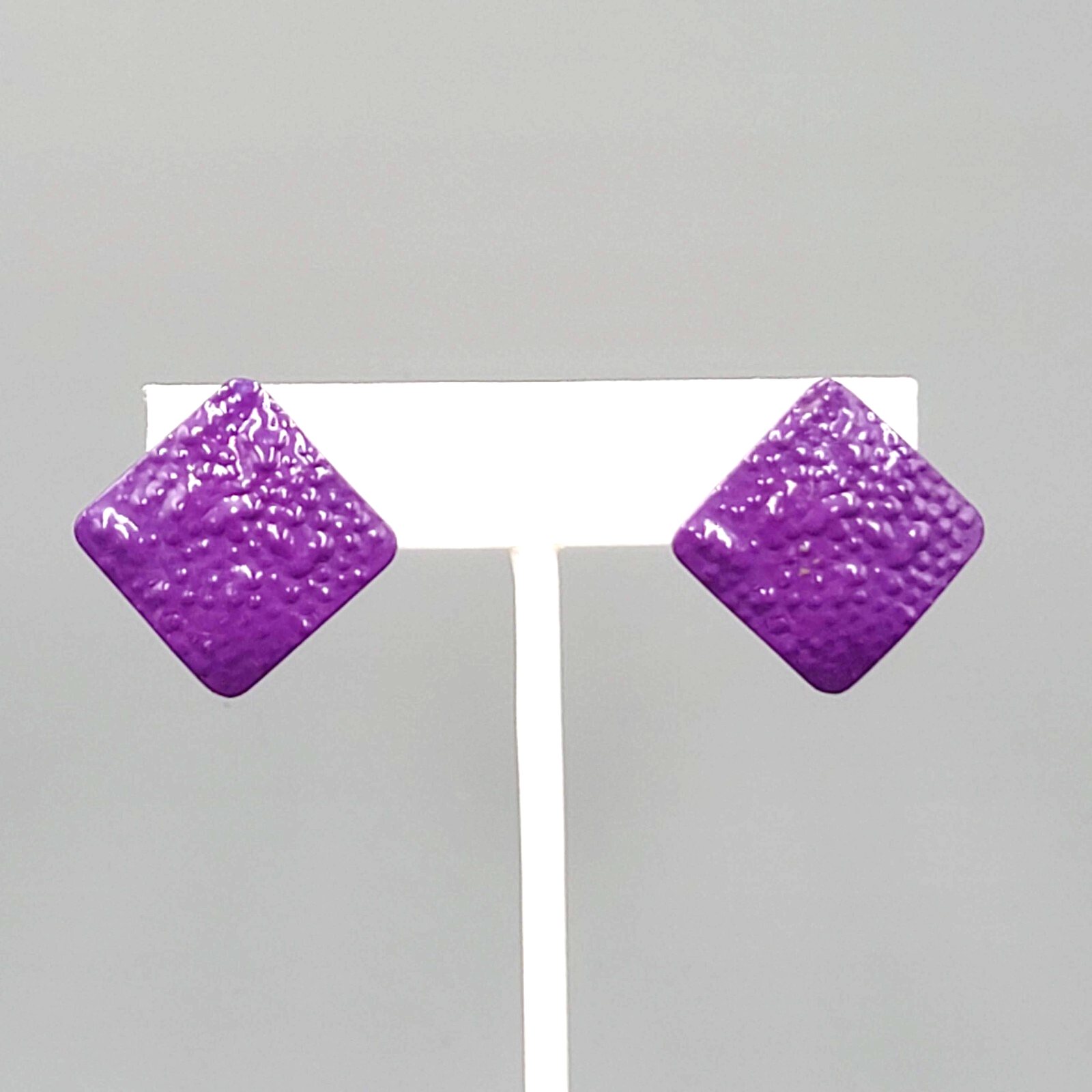 Vintage Purple Enamel Pierced Earrings Textured Metal Square Drop 1"