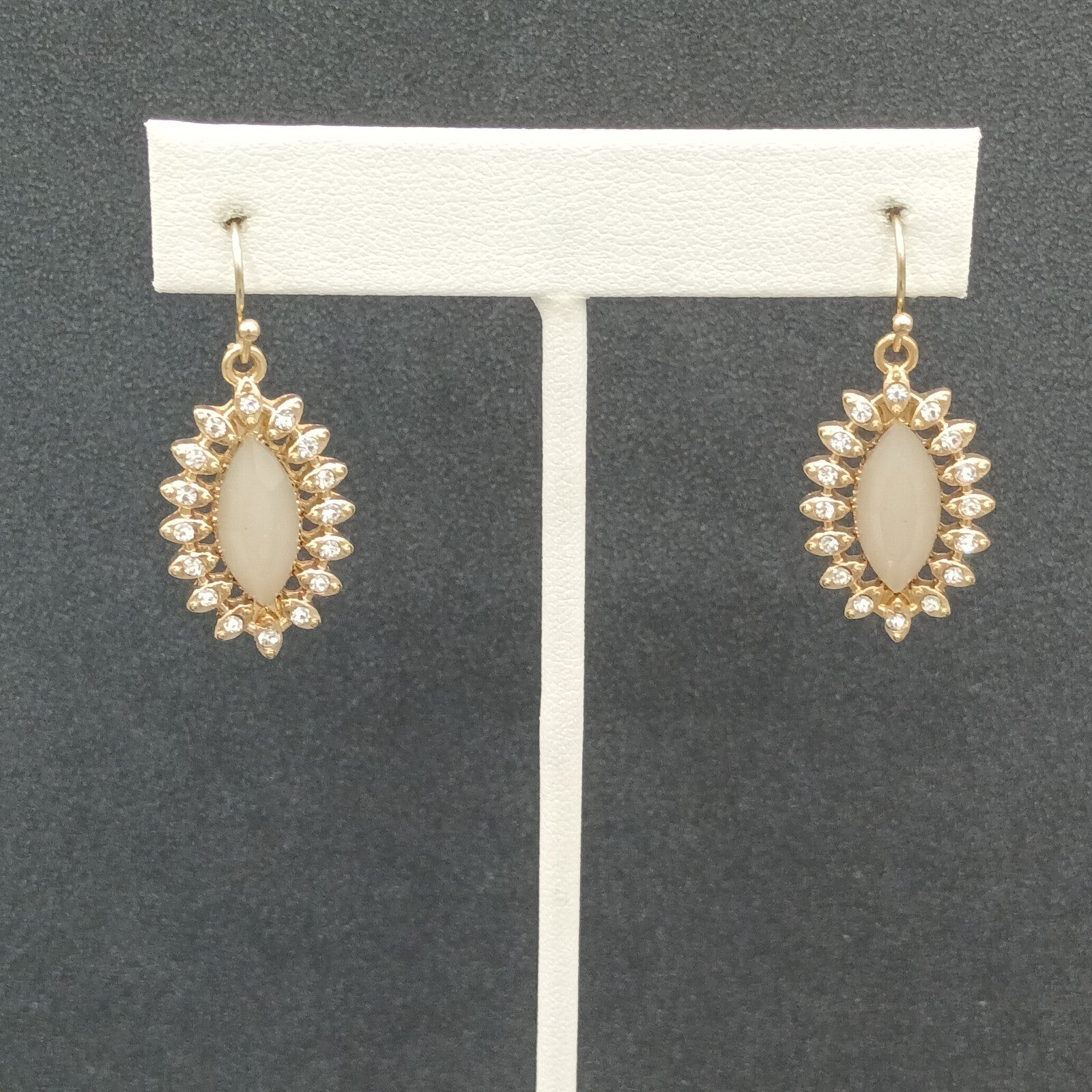 Pierced Earrings Gold tone Acrylic Center Crystal Studded Dangle 1"