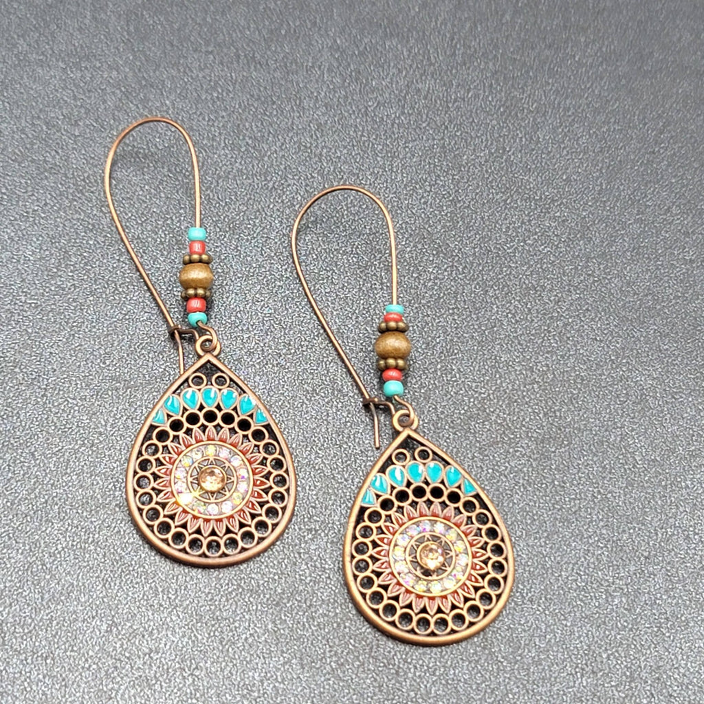 New Boho Pierced Earrings Copper tone AB Crystal Beaded 2 5/8"