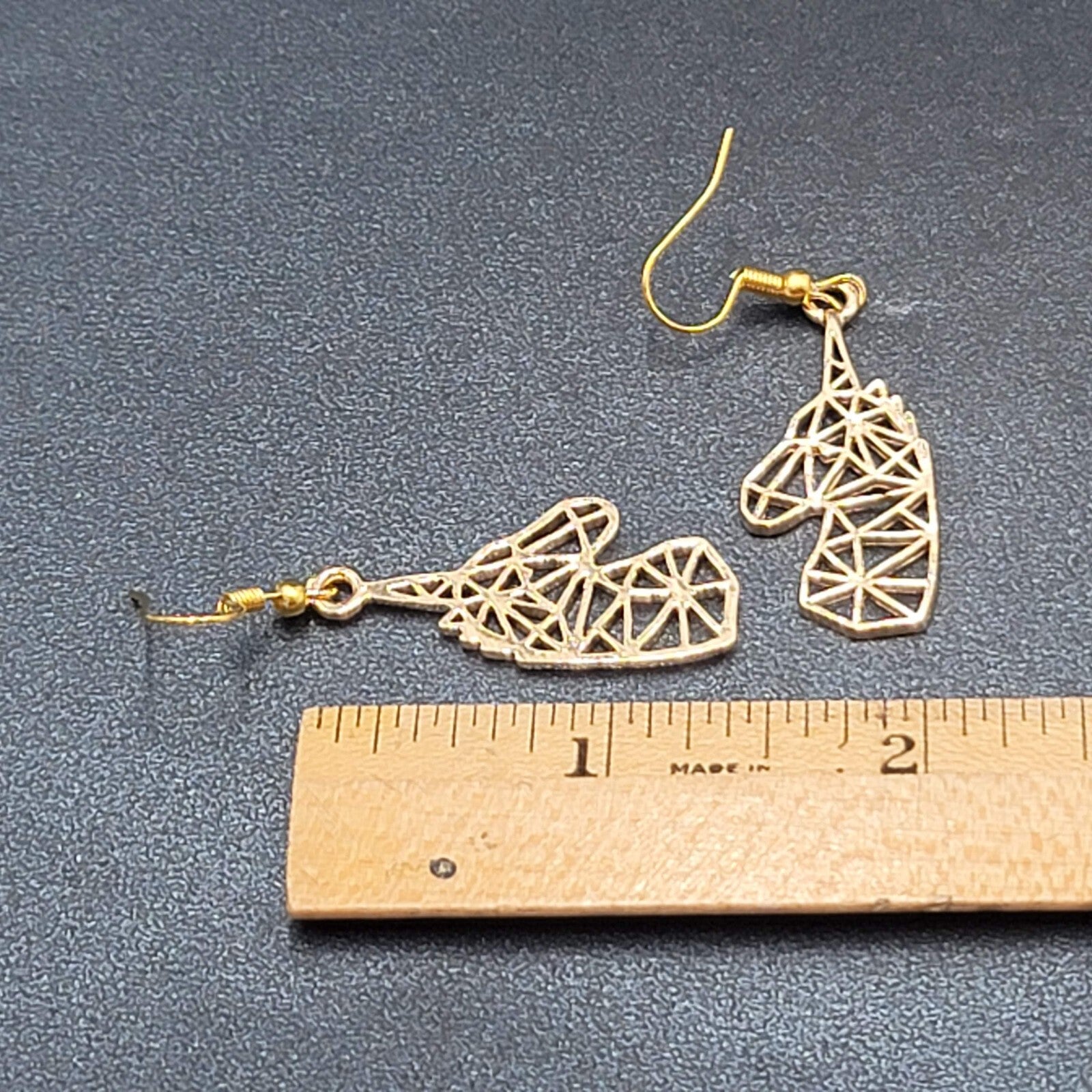 Unicorn Pierced Earrings Gold tone Open Geometric Dangle 1 3/8"
