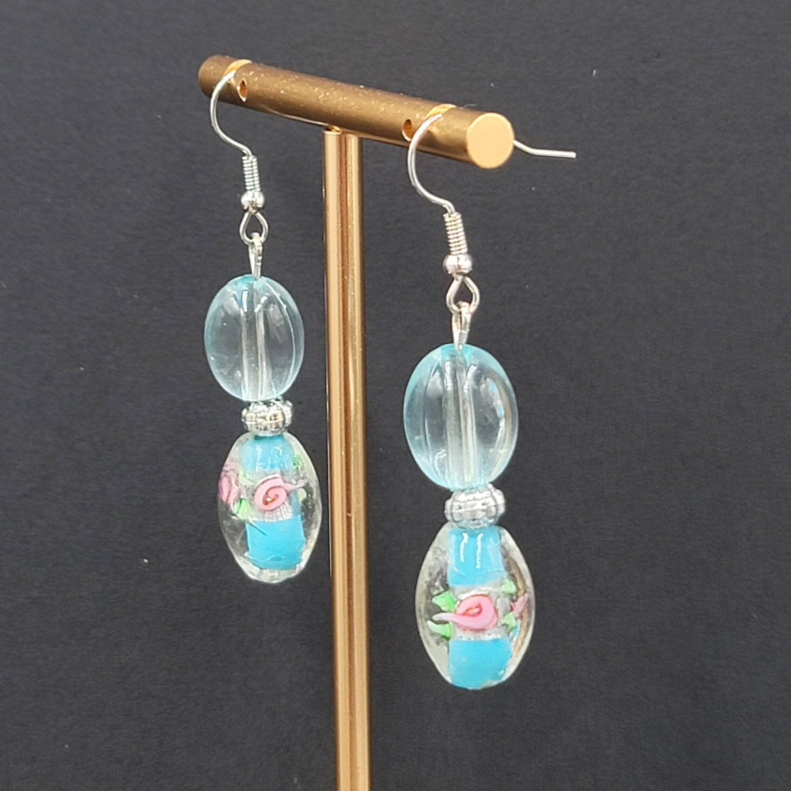 Blue Flower Art Glass Bead Pierced Earrings Silver tone Dangle 1.5"