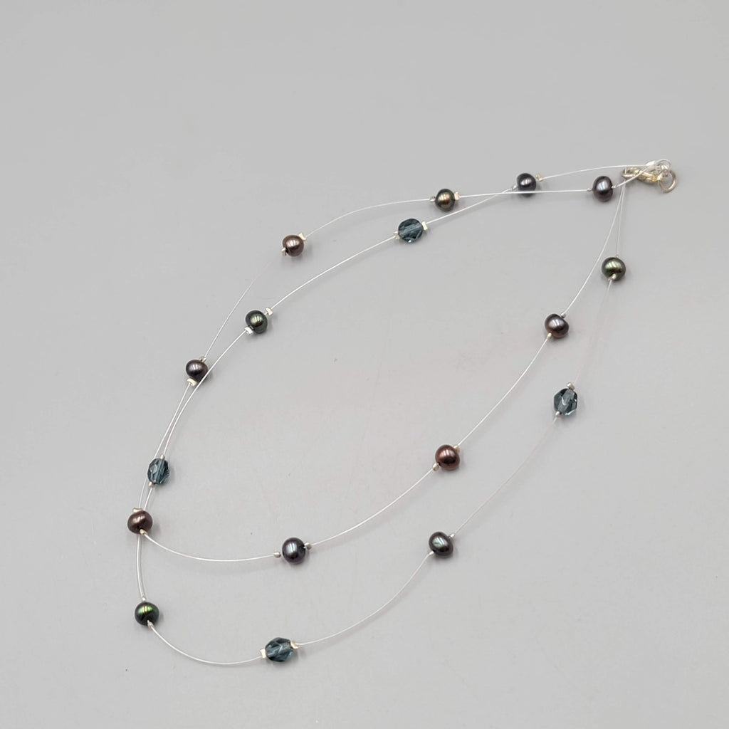 Peacock Freshwater Pearl Crystal Necklace Two Strand Illusion Silver Clasp 5"