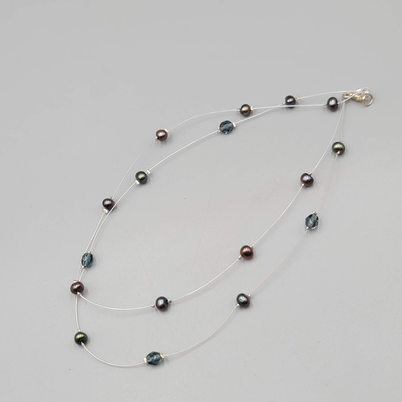 Peacock Freshwater Pearl Crystal Necklace Two Strand Illusion Silver Clasp 5"
