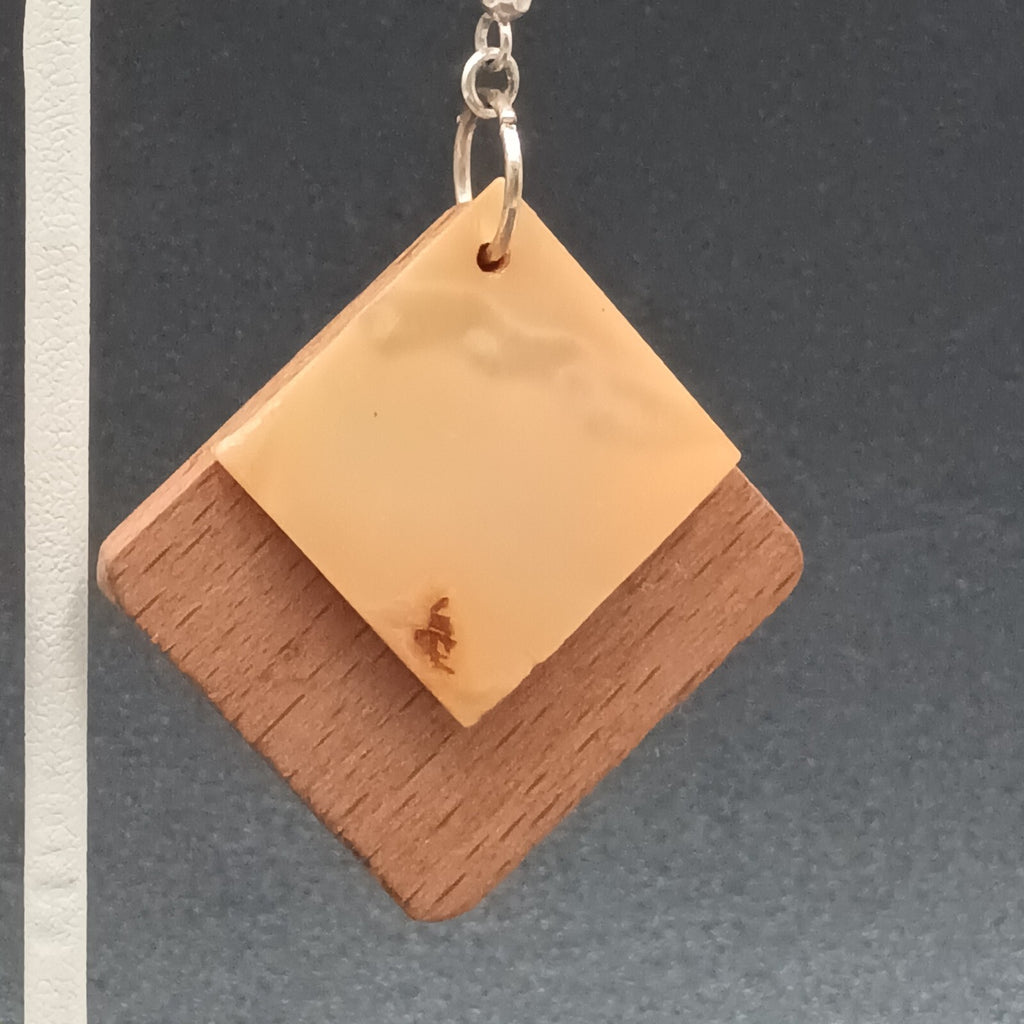 Pierced Earrings Wood Shell Square Geometric Silver tone Hook Dangle 1 3/4"