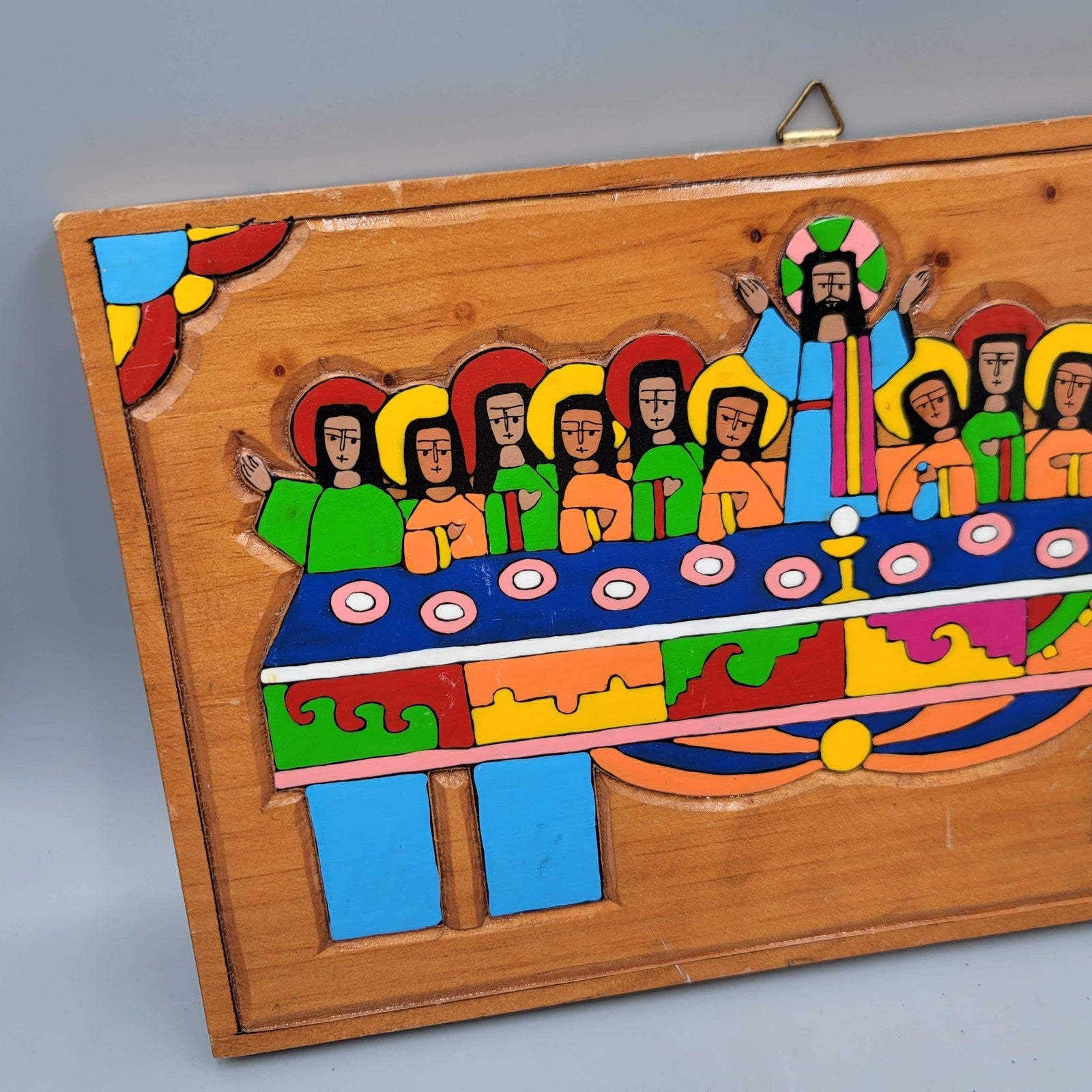Vintage Last Supper Hand Painted Carved Wooden Wall Plaque Folk Art El Salvador