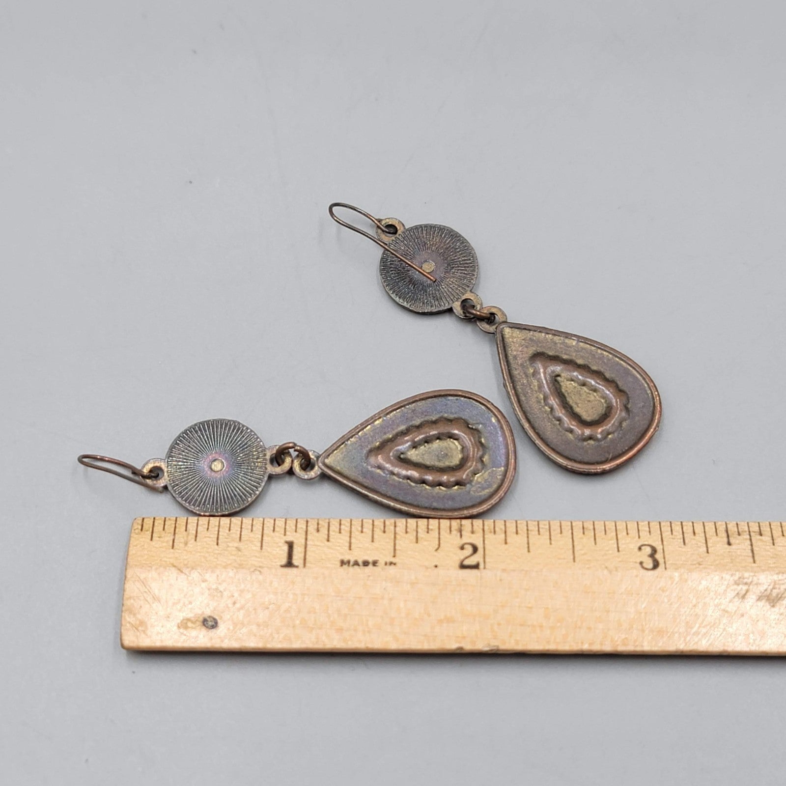 Enamel Teardrop Double Medallion Pierced Earrings Bronze tone Dangle 2 in