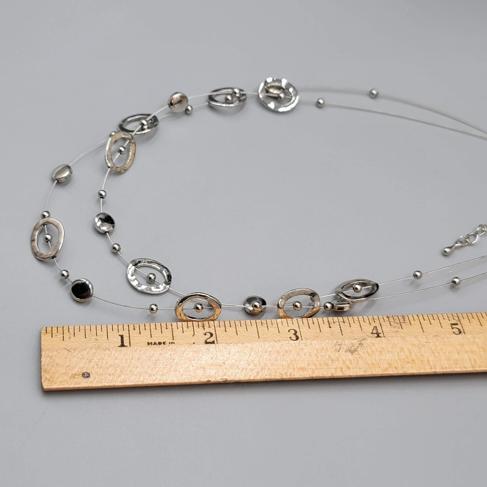 Double Chain Silver tone Necklace Station Bead 18"+