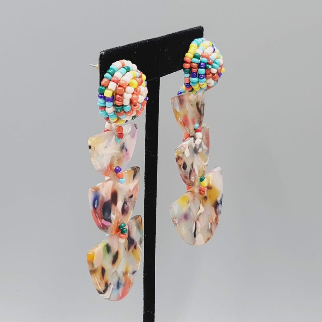 Statement Beaded Dangle Pierced Earrings Acrylic Resin Confetti Boho 3"
