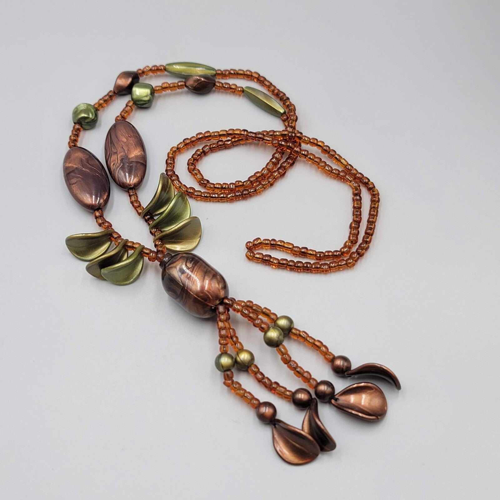 Tassel Bead Necklace Brown Green Resin and Glass Seed Beads 32"