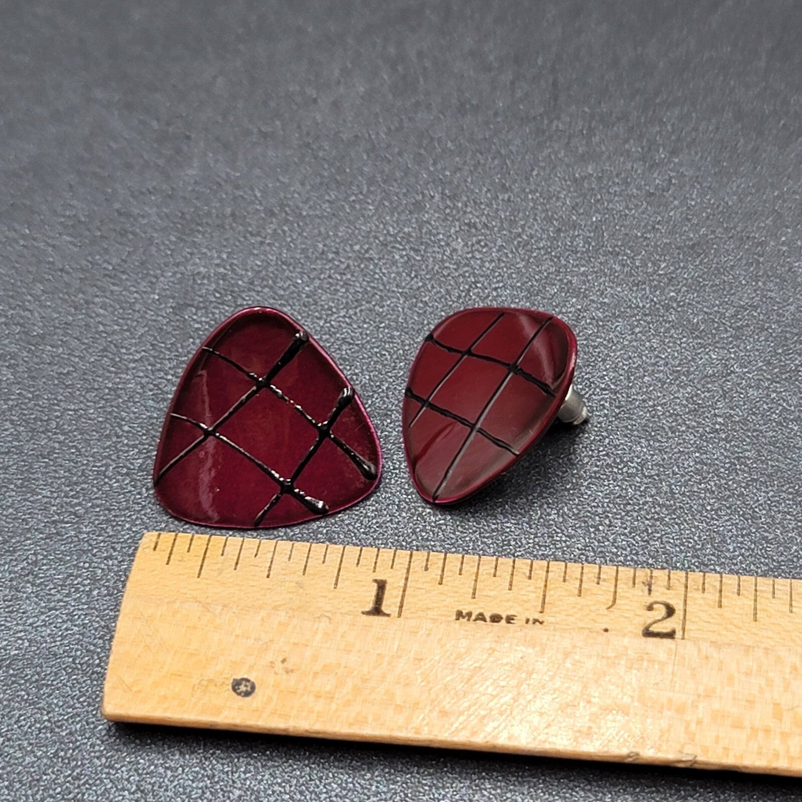 Vintage Pierced Earrings Burgundy Red Black Enamel over Metal Triangle Drop 3/4"