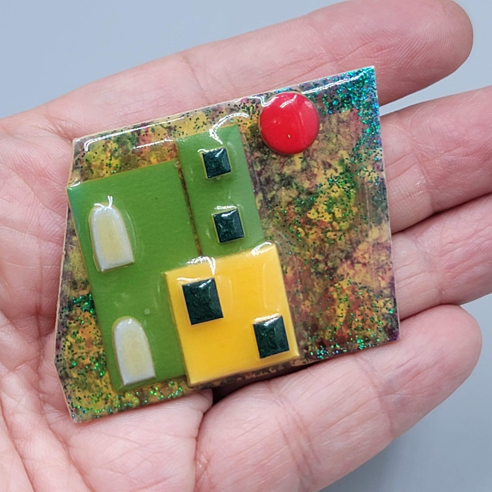 Lucinda House Pin Brooch Green Yellow House Red Sun Moon 2.25"