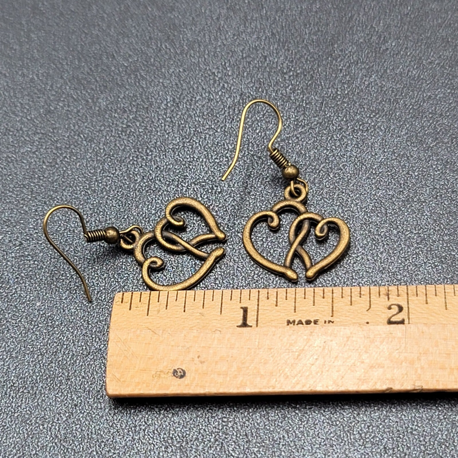 New Double Open Hearts Pierced Earrings Bronze tone Dangle 3/4"