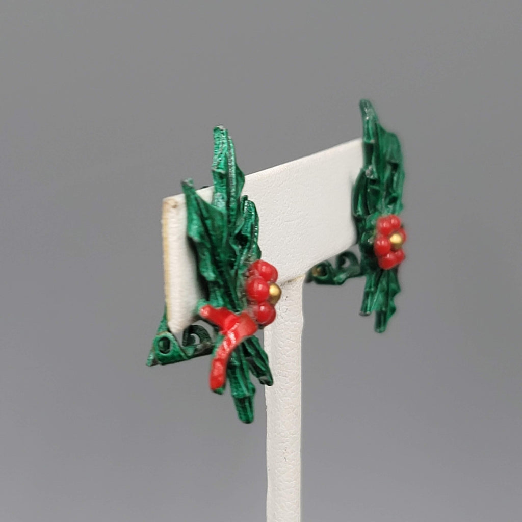 Vintage Enamel Holly Clip on Earrings Christmas Climber 1.25"