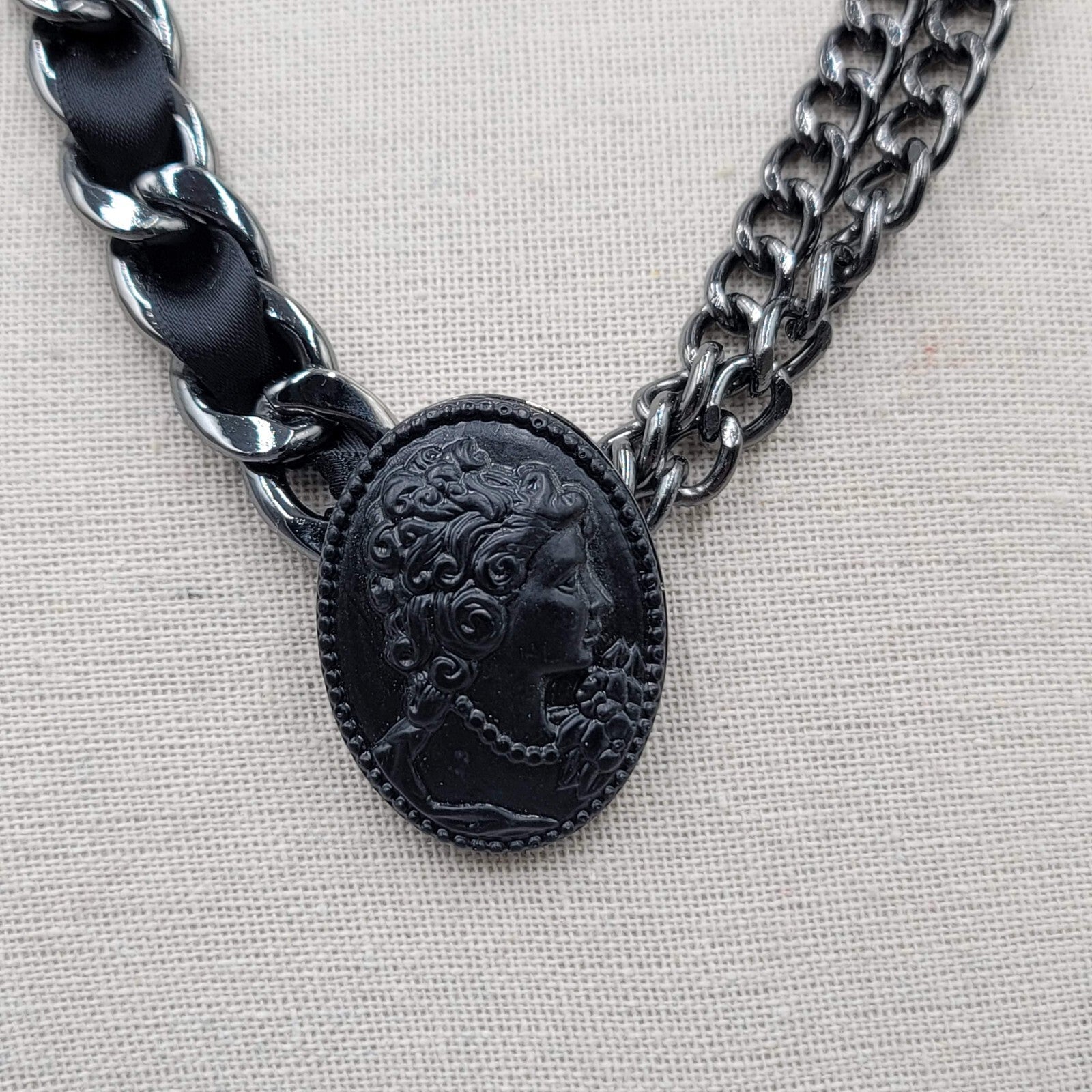 Black Cameo Necklace Chain Satin Ribbon Large Statement Goth 20+"