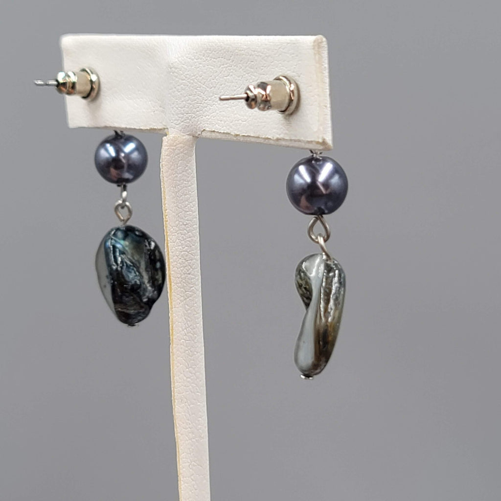 Pearl Blue Shell Pierced Earrings Silver tone Dangle 1.5"