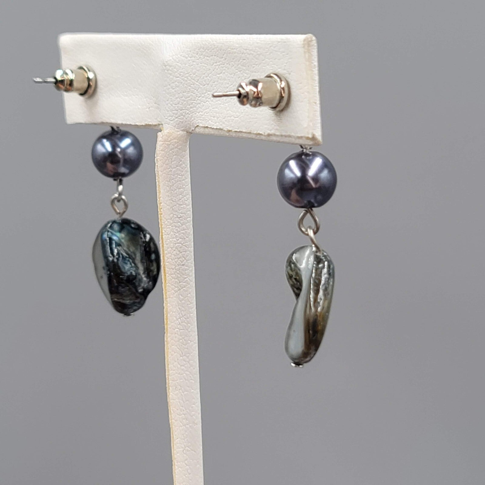 Pearl Blue Shell Pierced Earrings Silver tone Dangle 1.5"