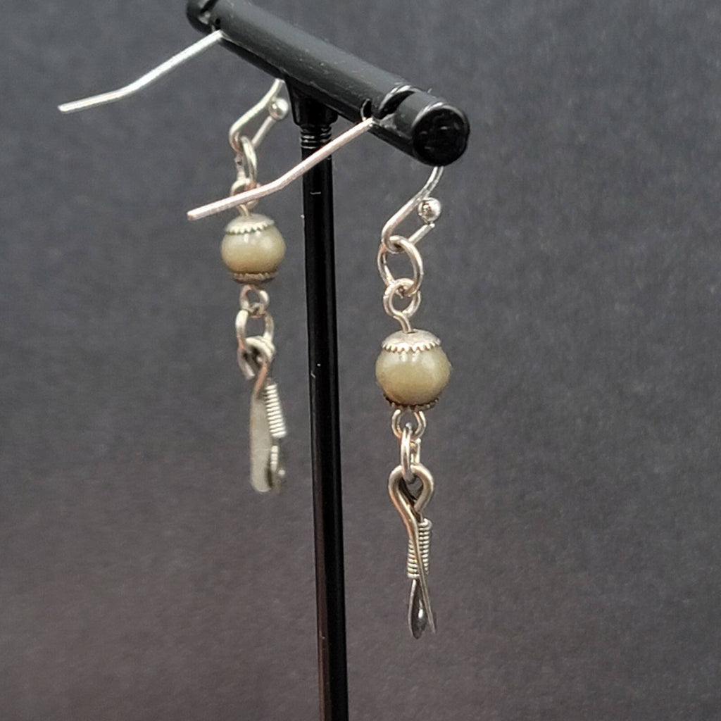Boho Pierced Earrings Silver tone Artisan Green Bead Dangle 1.25"
