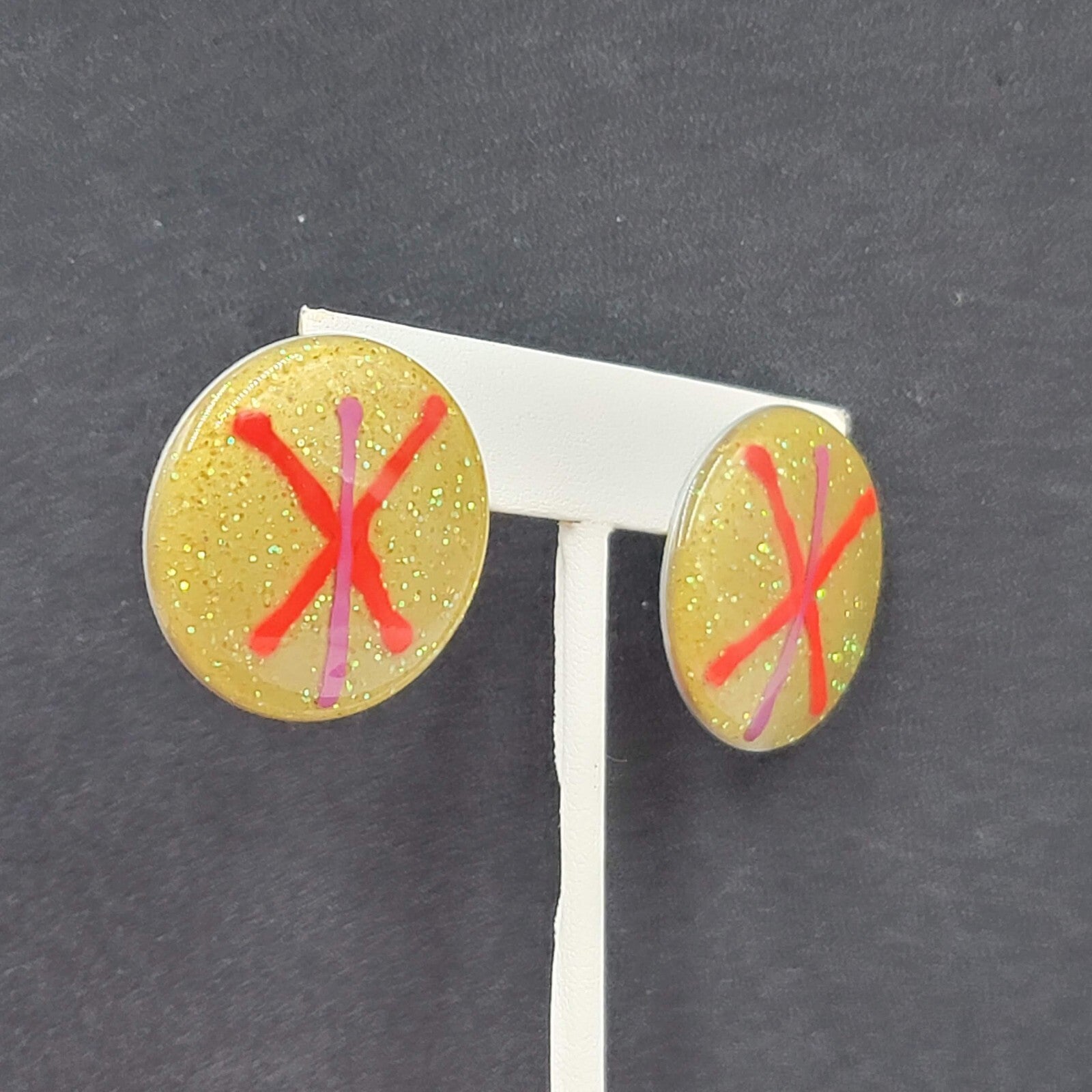 Vintage 1980s Pierced Earrings Glitter Enamel Red Purple Gold Disc Drop 1 1/8"