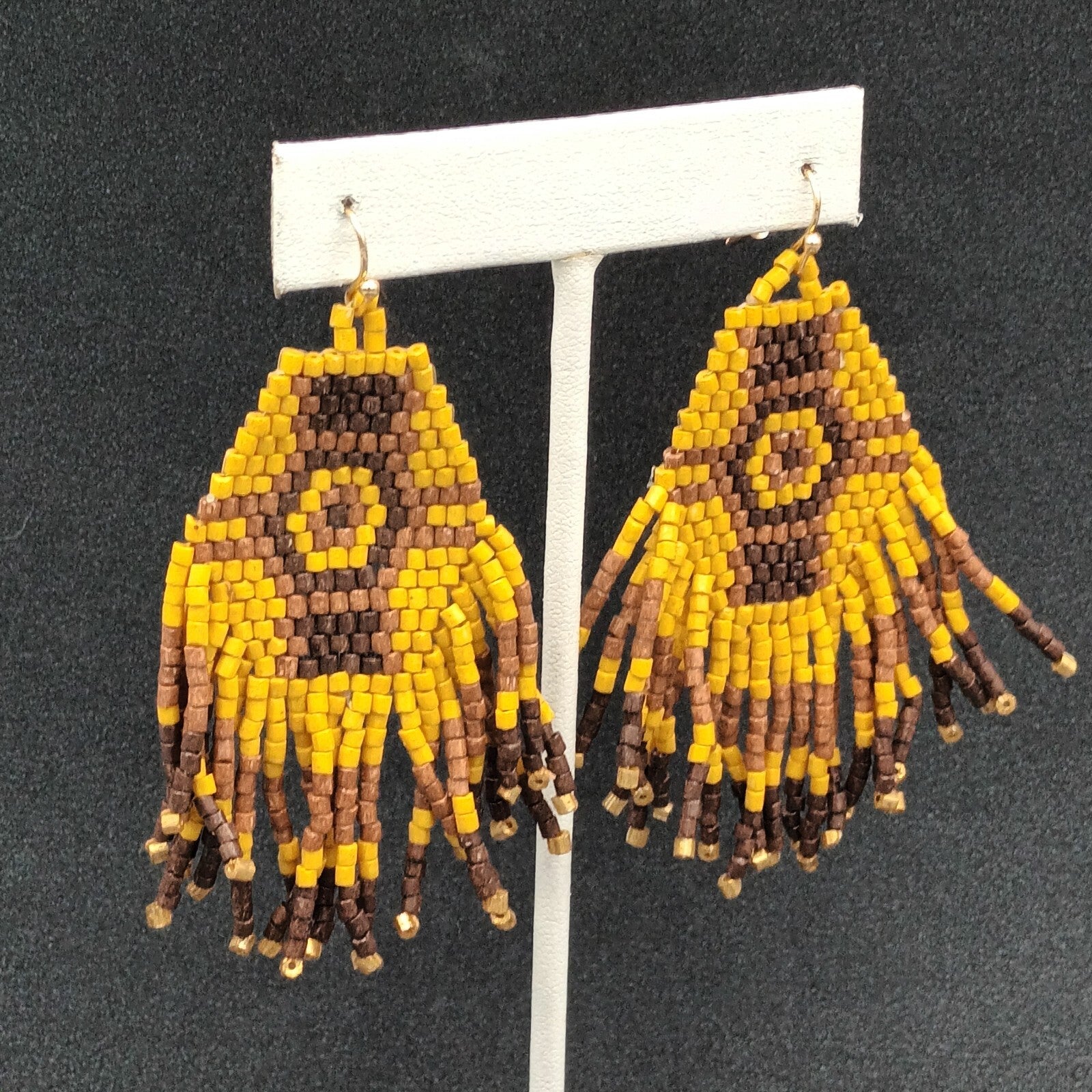 Pierced Earrings Wood Bead Weaved Browns Gold tone Dangle 2.75"