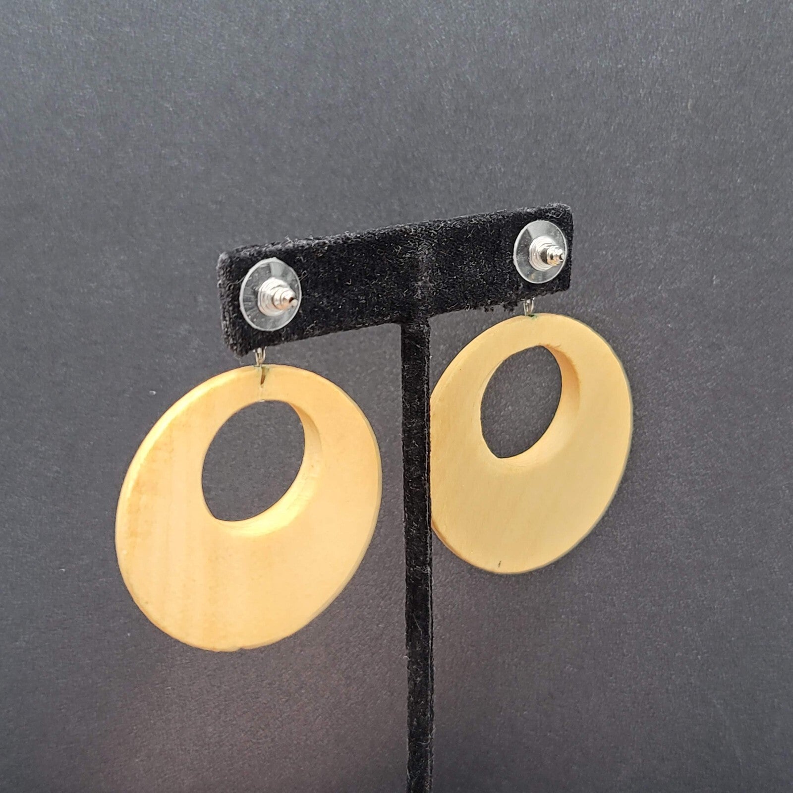 Pierced Earrings Silver tone Open Wood Hoops Dangle 1.75"