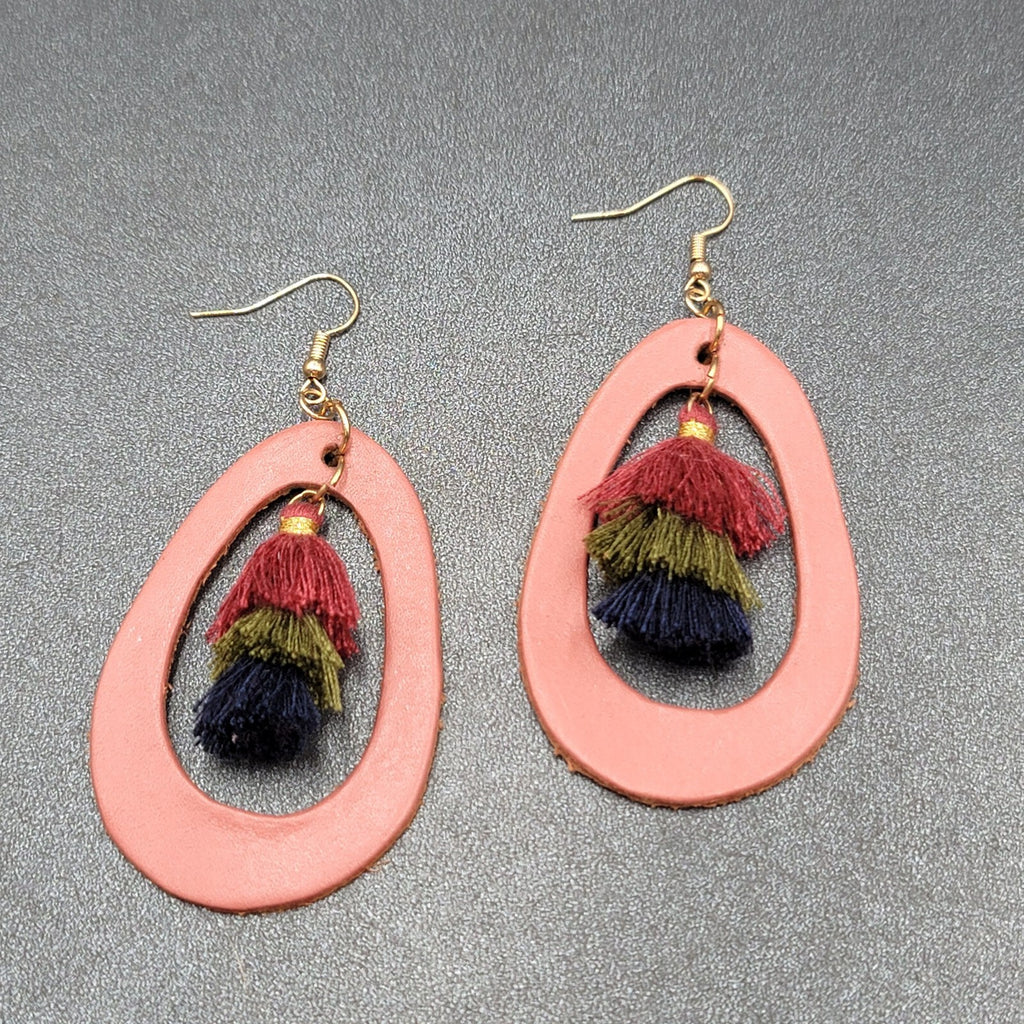 Pierced Earrings Dusty Rose Pink Leather Teardrop Tassel Boho Art  2.5"