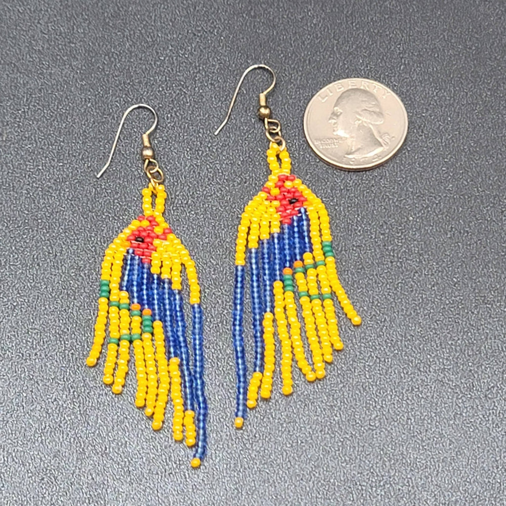 Vintage Pierced Earrings Yellow Seed Bead Parrot Bird Dangle 2.75"
