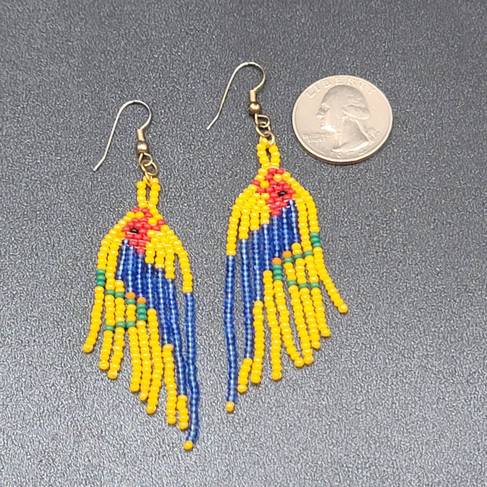 Vintage Pierced Earrings Yellow Seed Bead Parrot Bird Dangle 2.75"