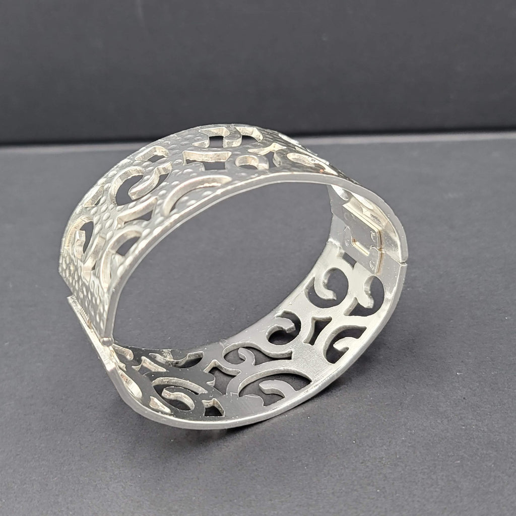 Open Work Hammered Hinged Bracelet Matte Silver Plated 6.75"