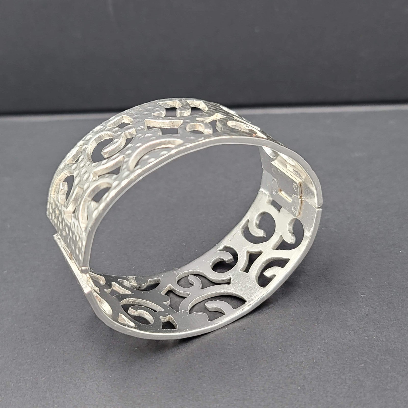 Open Work Hammered Hinged Bracelet Matte Silver Plated 6.75"