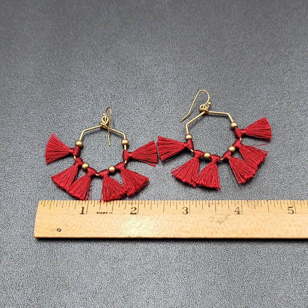 Pierced Earrings Gold tone Red Tassel Fun Fashion Statement Dangle 2"