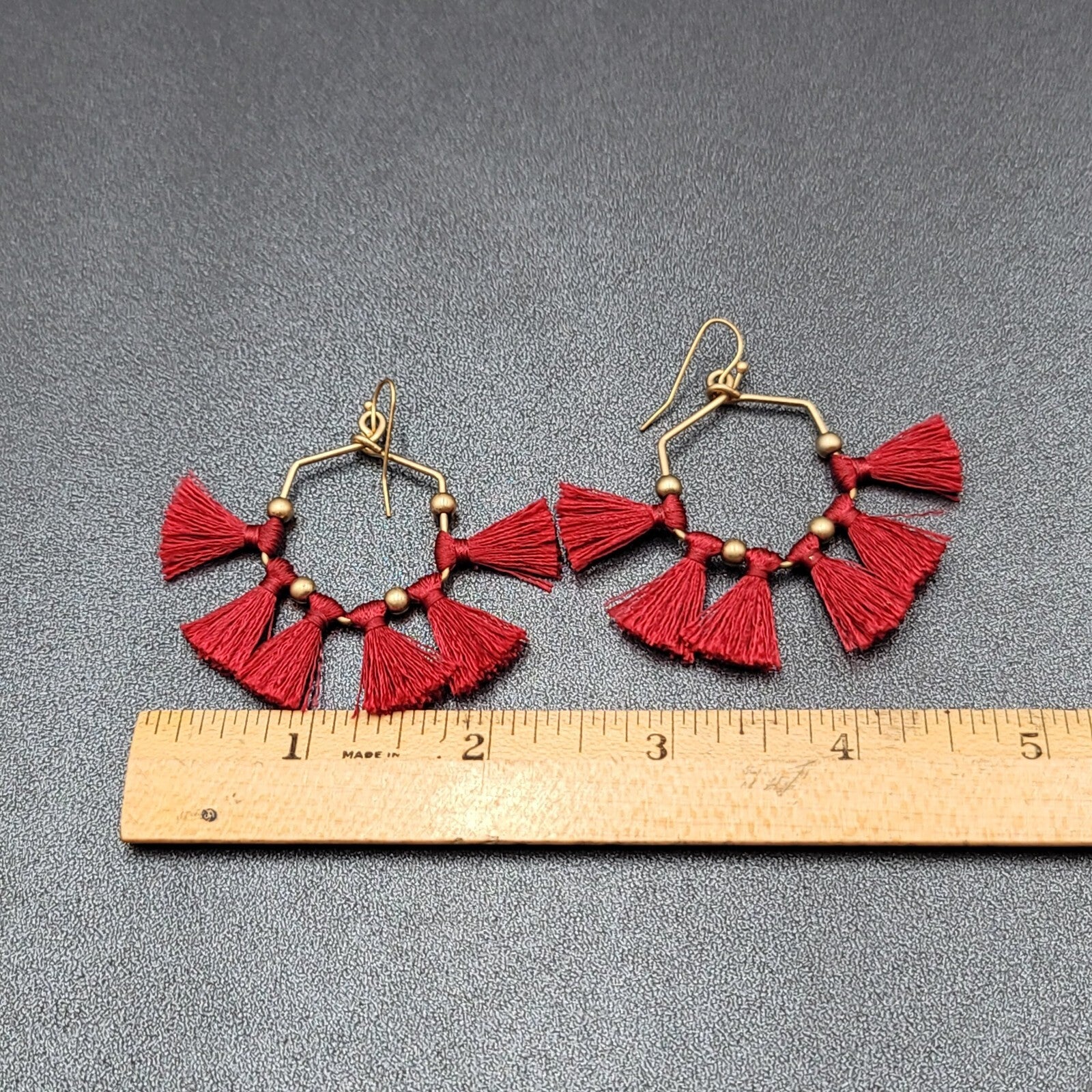 Pierced Earrings Gold tone Red Tassel Fun Fashion Statement Dangle 2"